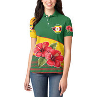 Zimbabwe Flag Map and Red Hibiscus Flowers Women Polo Shirt with African Tribal Pattern