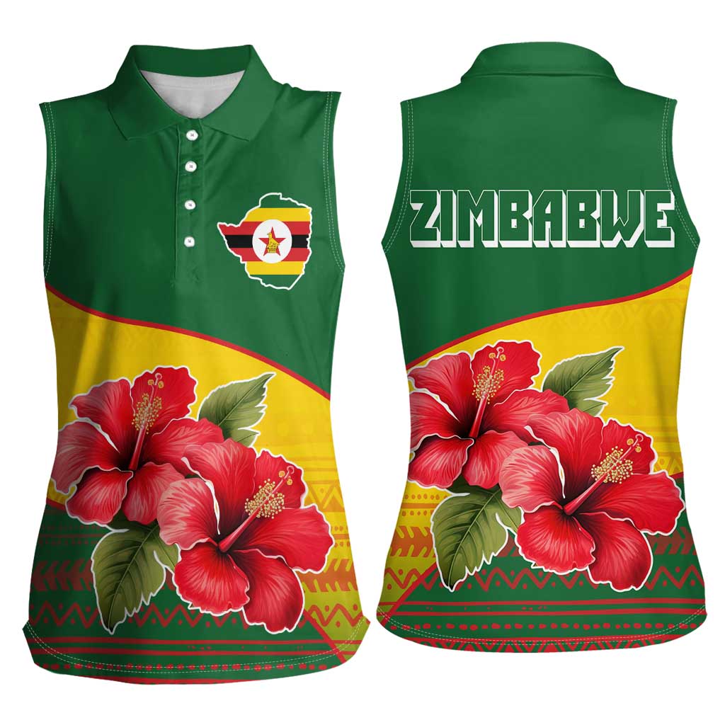 Zimbabwe Flag Map and Red Hibiscus Flowers Women Sleeveless Polo Shirt with African Tribal Pattern