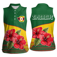 Zimbabwe Flag Map and Red Hibiscus Flowers Women Sleeveless Polo Shirt with African Tribal Pattern