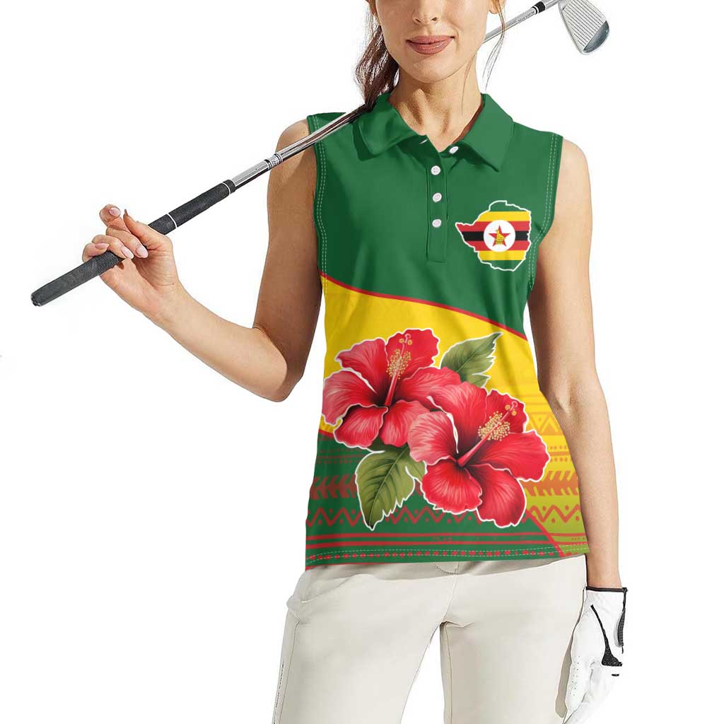 Zimbabwe Flag Map and Red Hibiscus Flowers Women Sleeveless Polo Shirt with African Tribal Pattern