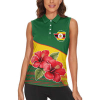 Zimbabwe Flag Map and Red Hibiscus Flowers Women Sleeveless Polo Shirt with African Tribal Pattern