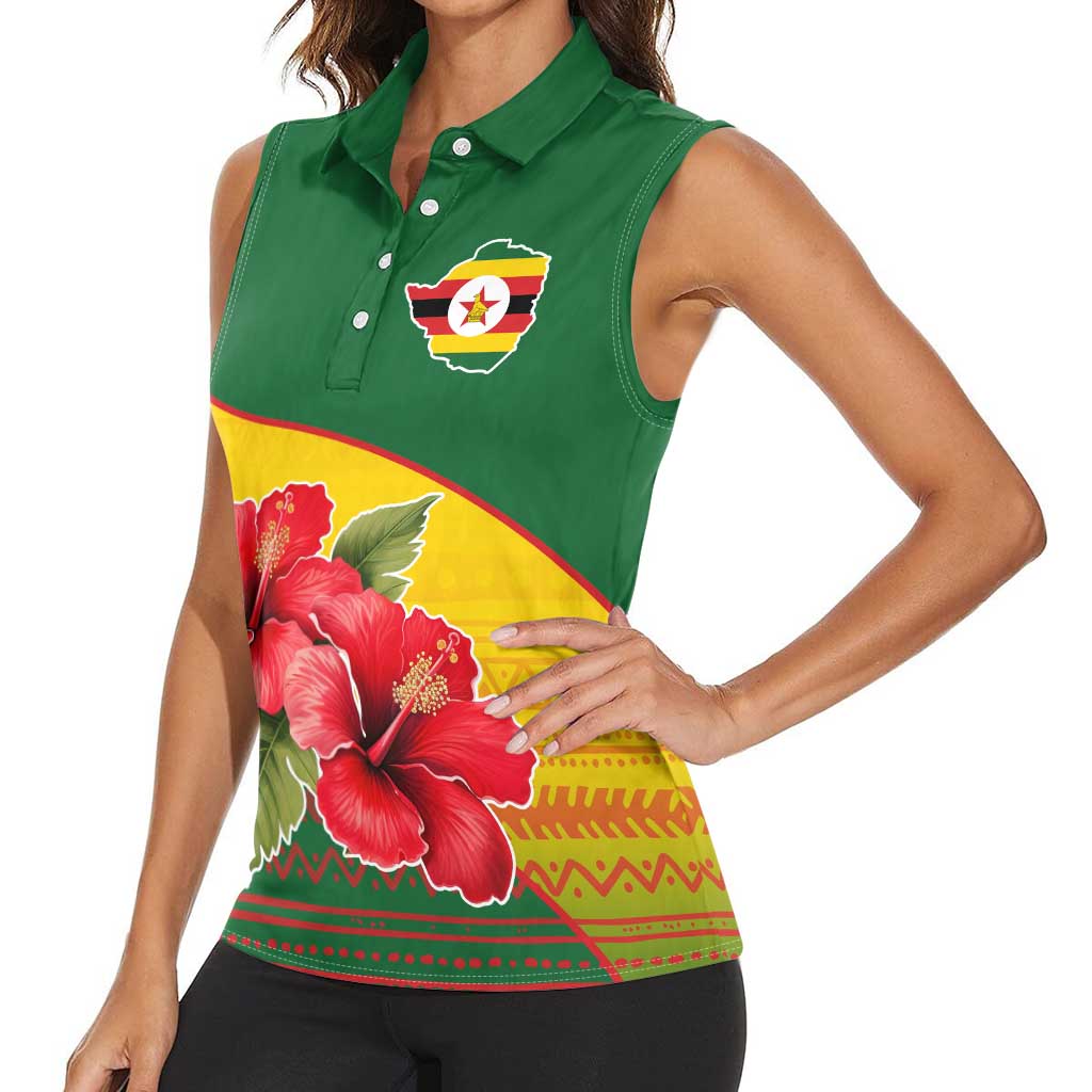 Zimbabwe Flag Map and Red Hibiscus Flowers Women Sleeveless Polo Shirt with African Tribal Pattern