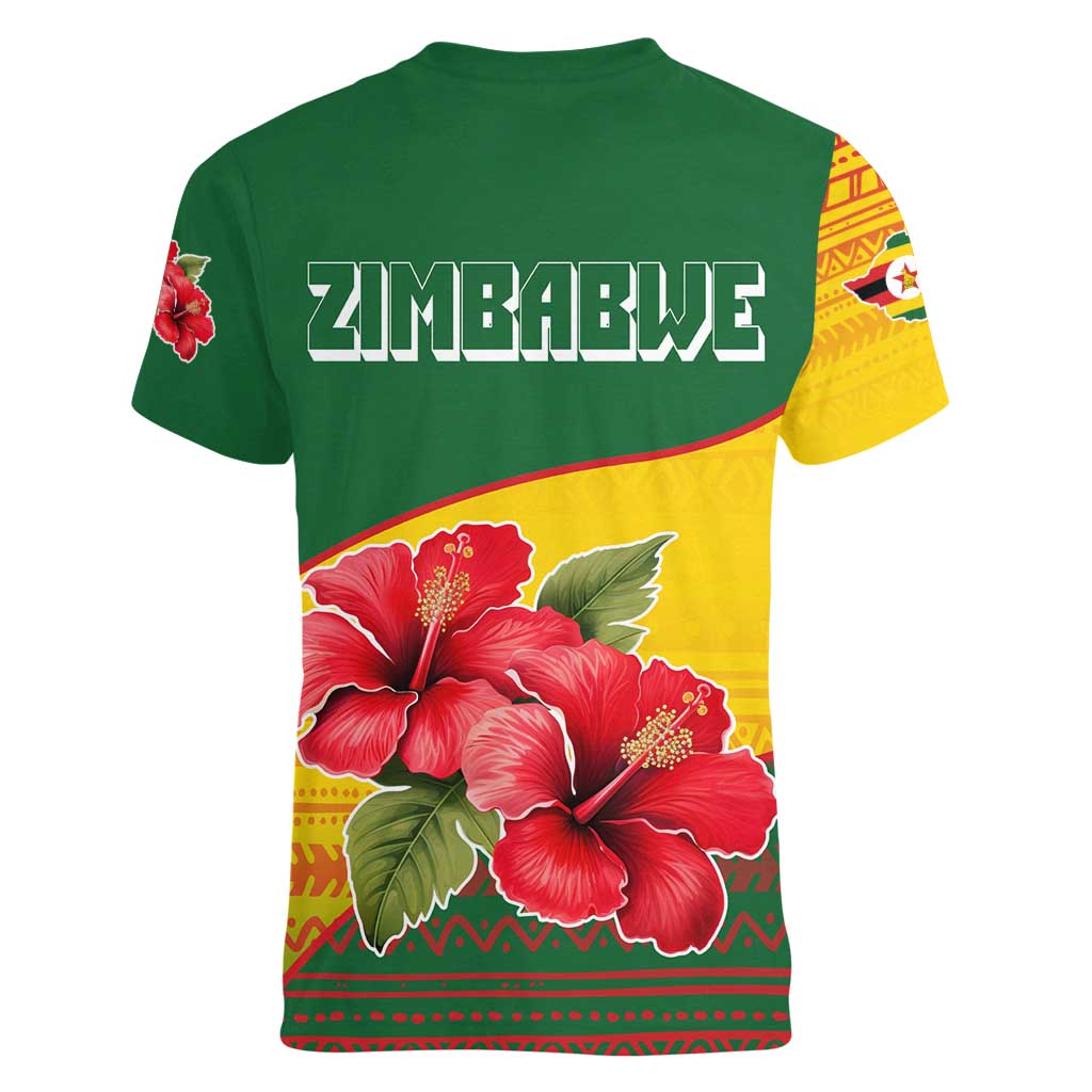 Zimbabwe Flag Map and Red Hibiscus Flowers Women V-Neck T-Shirt with African Tribal Pattern