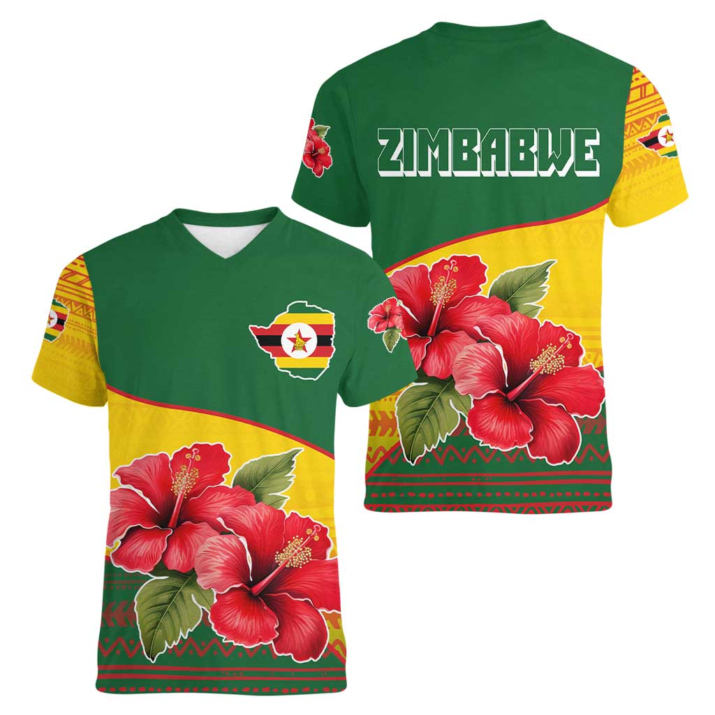Zimbabwe Flag Map and Red Hibiscus Flowers Women V-Neck T-Shirt with African Tribal Pattern