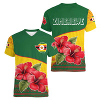 Zimbabwe Flag Map and Red Hibiscus Flowers Women V-Neck T-Shirt with African Tribal Pattern