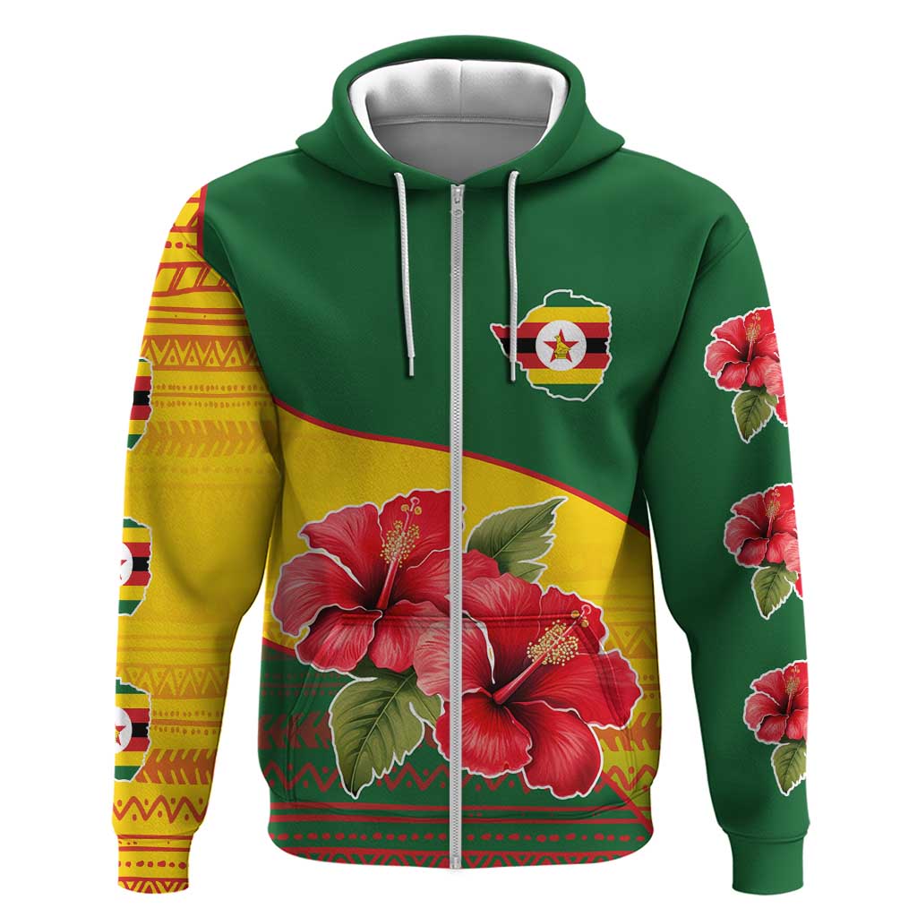 Zimbabwe Flag Map and Red Hibiscus Flowers Zip Hoodie with African Tribal Pattern