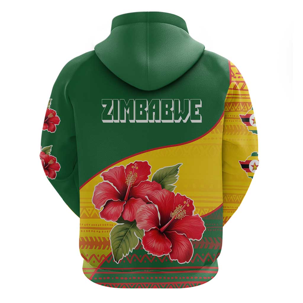 Zimbabwe Flag Map and Red Hibiscus Flowers Zip Hoodie with African Tribal Pattern