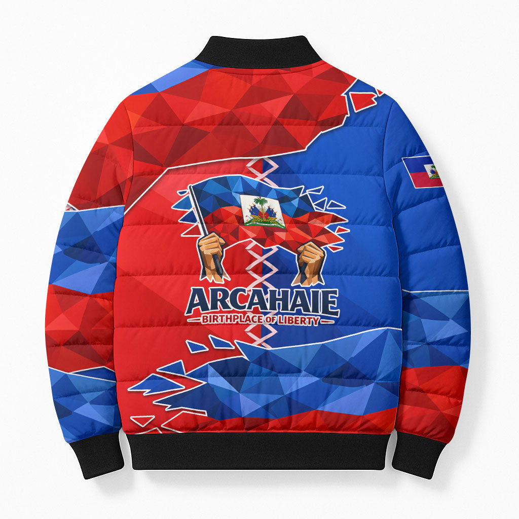 Haiti Flag Day Arcahaie 1803 Bomber Puffer Jacket Geometric Low Poly Flag Art - Birthplace Of Liberty Graphic
