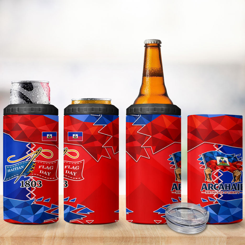 Haiti Flag Day Arcahaie 1803 4 in 1 Can Cooler Tumbler Geometric Low Poly Flag Art - Birthplace Of Liberty Graphic