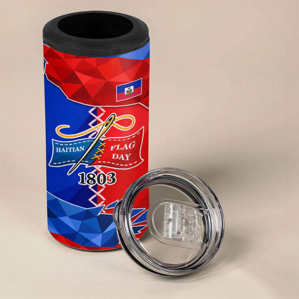 Haiti Flag Day Arcahaie 1803 4 in 1 Can Cooler Tumbler Geometric Low Poly Flag Art - Birthplace Of Liberty Graphic