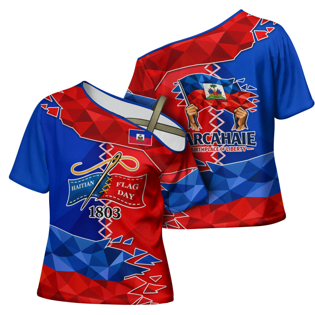 Haiti Flag Day Arcahaie 1803 Cross Shoulder Shirt Geometric Low Poly Flag Art - Birthplace Of Liberty Graphic