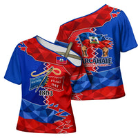 Haiti Flag Day Arcahaie 1803 Cross Shoulder Shirt Geometric Low Poly Flag Art - Birthplace Of Liberty Graphic
