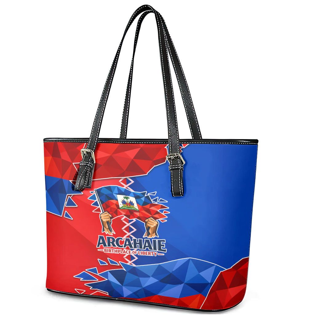 Haiti Flag Day Arcahaie 1803 Leather Tote Bag Geometric Low Poly Flag Art - Birthplace Of Liberty Graphic