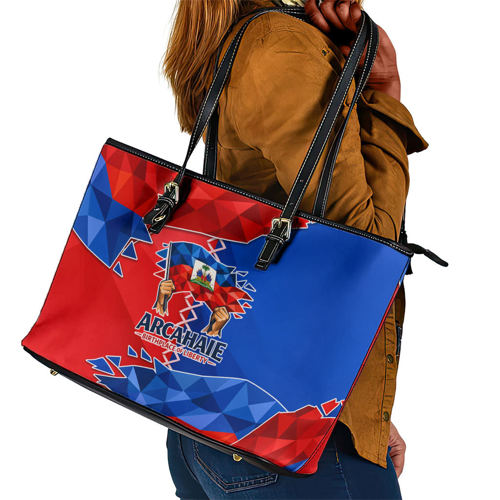 Haiti Flag Day Arcahaie 1803 Leather Tote Bag Geometric Low Poly Flag Art - Birthplace Of Liberty Graphic