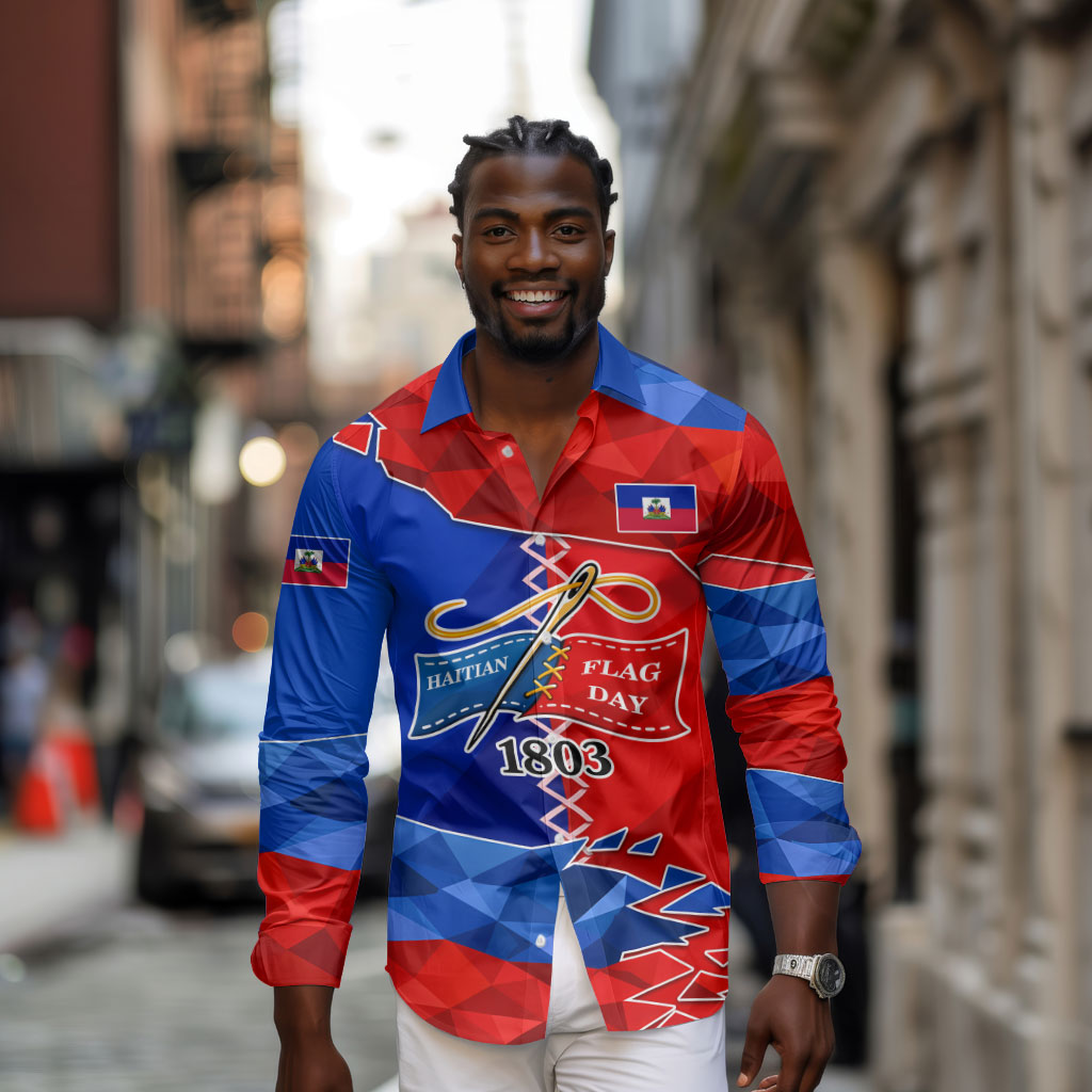 Haiti Flag Day Arcahaie 1803 Long Sleeve Button Shirt Geometric Low Poly Flag Art - Birthplace Of Liberty Graphic