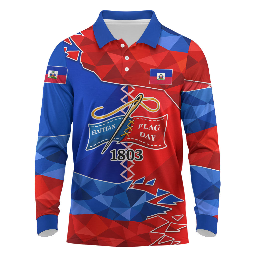 Haiti Flag Day Arcahaie 1803 Long Sleeve Polo Shirt Geometric Low Poly Flag Art - Birthplace Of Liberty Graphic
