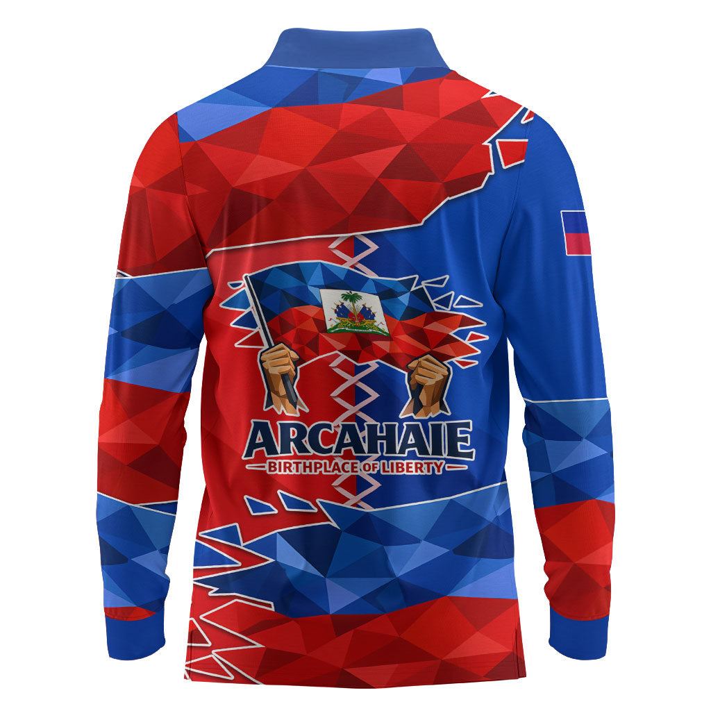 Haiti Flag Day Arcahaie 1803 Long Sleeve Polo Shirt Geometric Low Poly Flag Art - Birthplace Of Liberty Graphic