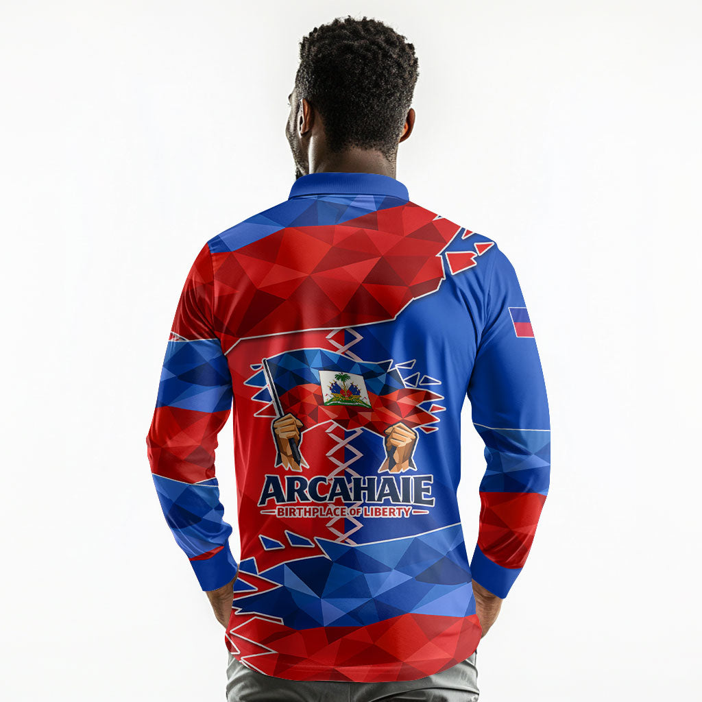 Haiti Flag Day Arcahaie 1803 Long Sleeve Polo Shirt Geometric Low Poly Flag Art - Birthplace Of Liberty Graphic