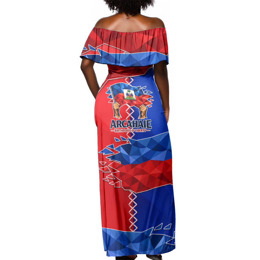 Haiti Flag Day Arcahaie 1803 Off Shoulder Maxi Dress Geometric Low Poly Flag Art - Birthplace Of Liberty Graphic