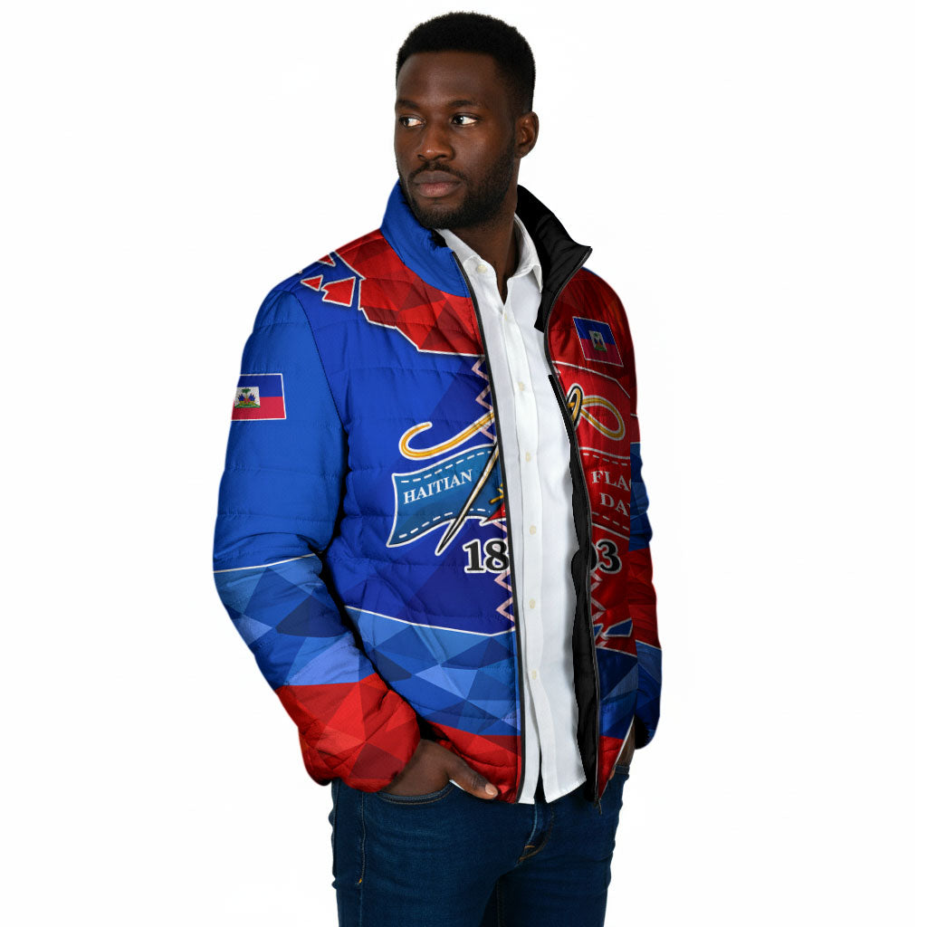 Haiti Flag Day Arcahaie 1803 Padded Jacket Geometric Low Poly Flag Art - Birthplace Of Liberty Graphic