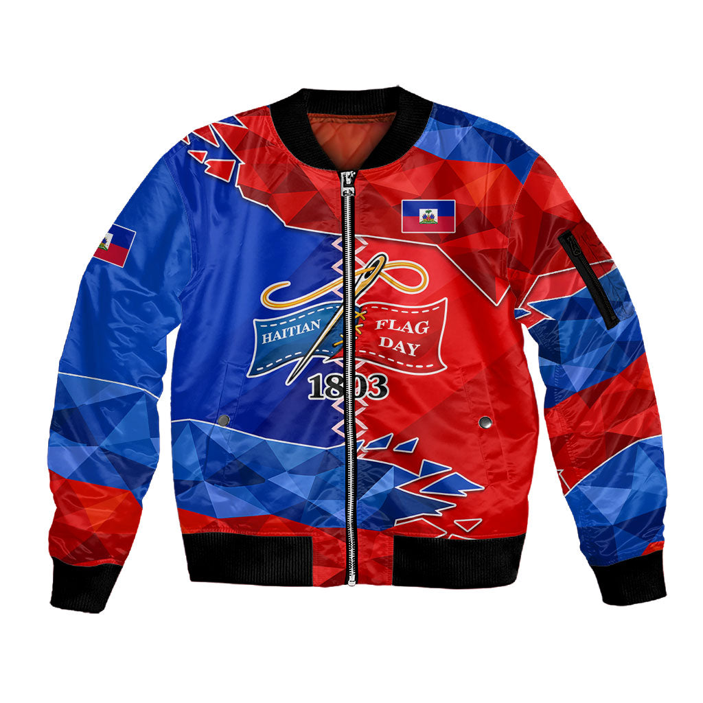 Haiti Flag Day Arcahaie 1803 Sleeve Zip Bomber Jacket Geometric Low Poly Flag Art - Birthplace Of Liberty Graphic