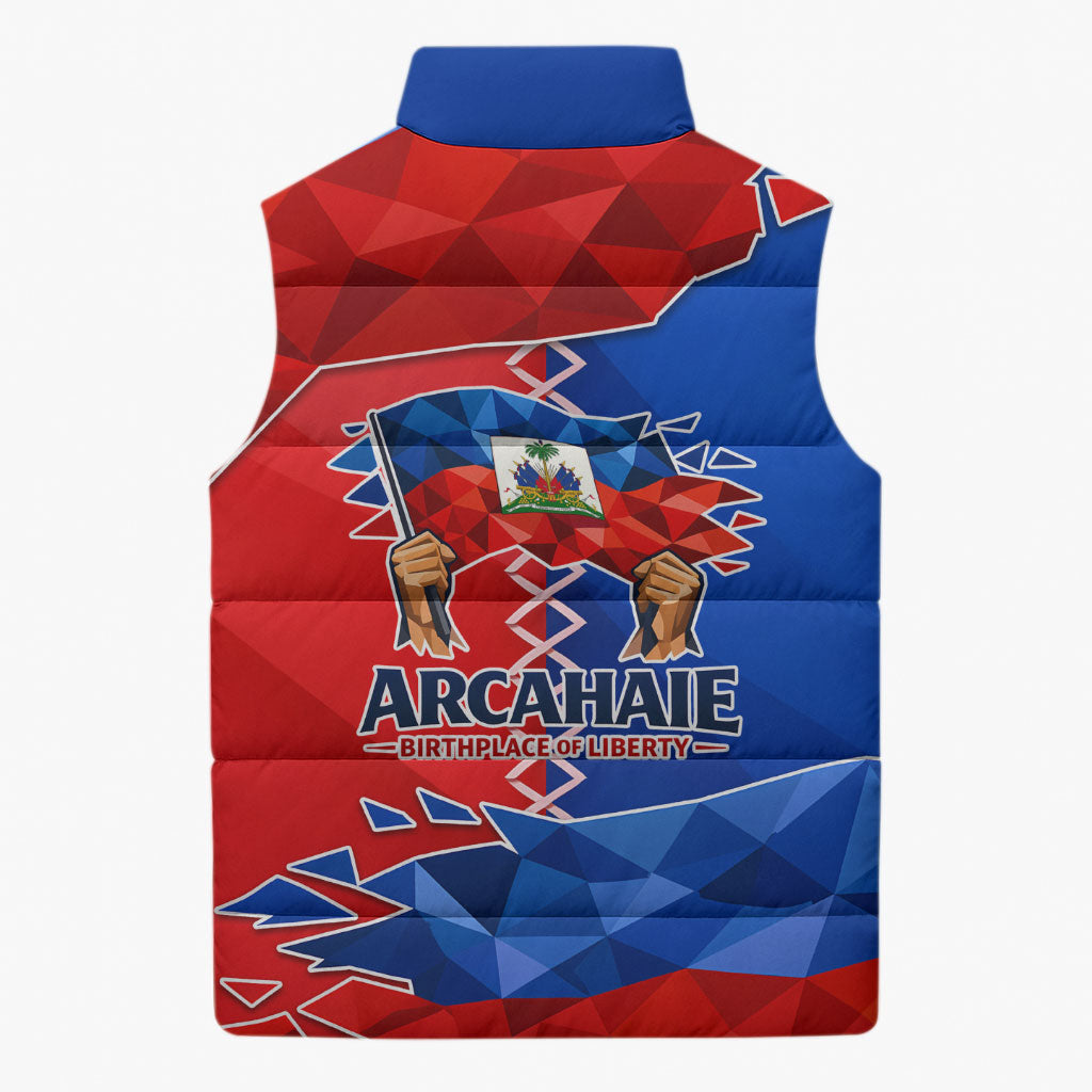 Haiti Flag Day Arcahaie 1803 Sleeveless Puffer Jacket Geometric Low Poly Flag Art - Birthplace Of Liberty Graphic
