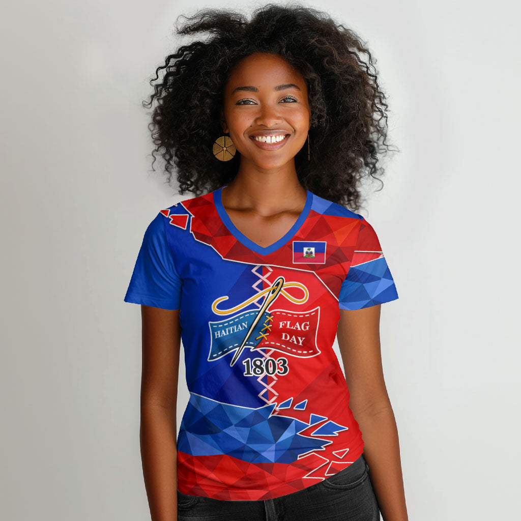 Haiti Flag Day Arcahaie 1803 Women V-Neck T-Shirt Geometric Low Poly Flag Art - Birthplace Of Liberty Graphic