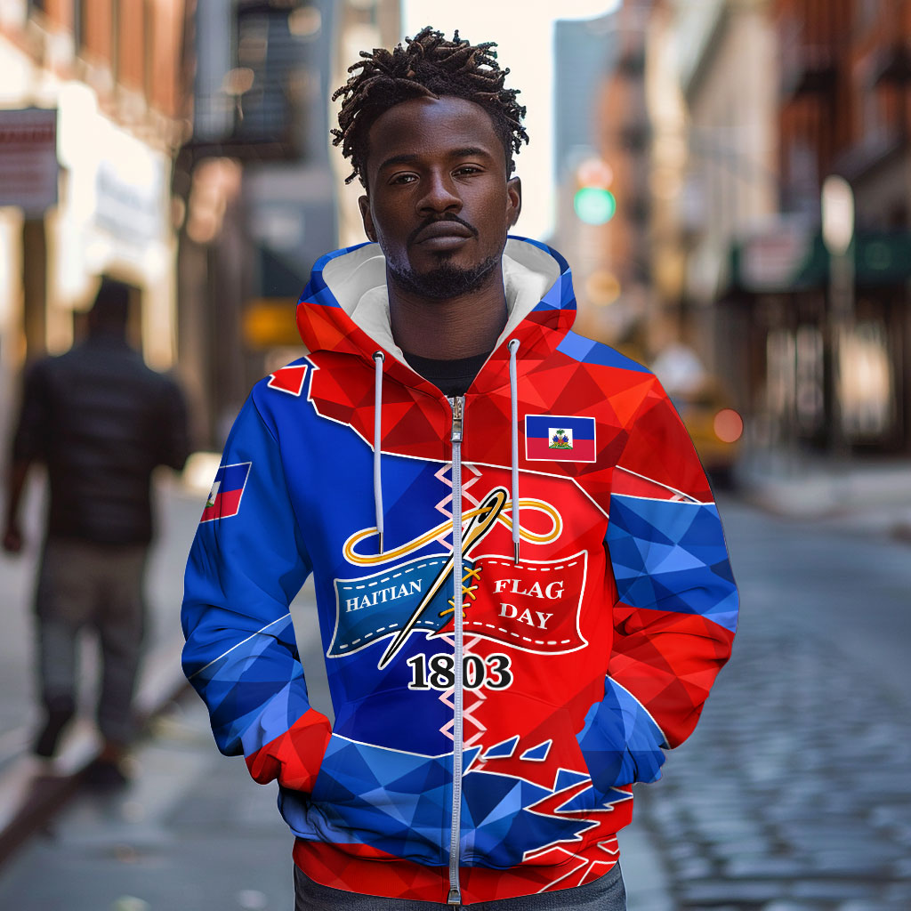 Haiti Flag Day Arcahaie 1803 Zip Hoodie Geometric Low Poly Flag Art - Birthplace Of Liberty Graphic