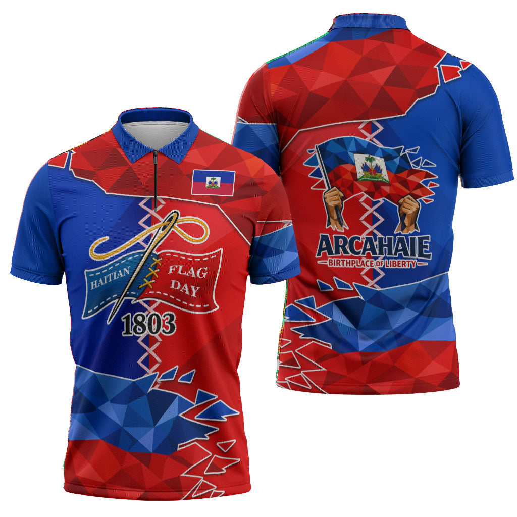 Haiti Flag Day Arcahaie 1803 Zipper Polo Shirt Geometric Low Poly Flag Art - Birthplace Of Liberty Graphic