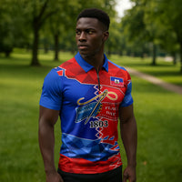 Haiti Flag Day Arcahaie 1803 Zipper Polo Shirt Geometric Low Poly Flag Art - Birthplace Of Liberty Graphic