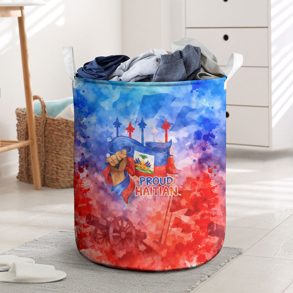 Proud Haitian Flag Day L Union Fait La Force Laundry Basket Artistic Watercolor Heritage Design With Raised Fist And Flag