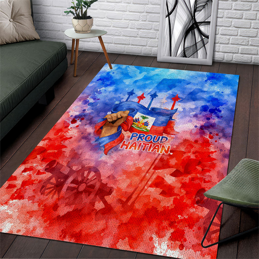 Proud Haitian Flag Day L Union Fait La Force Area Rug Artistic Watercolor Heritage Design With Raised Fist And Flag