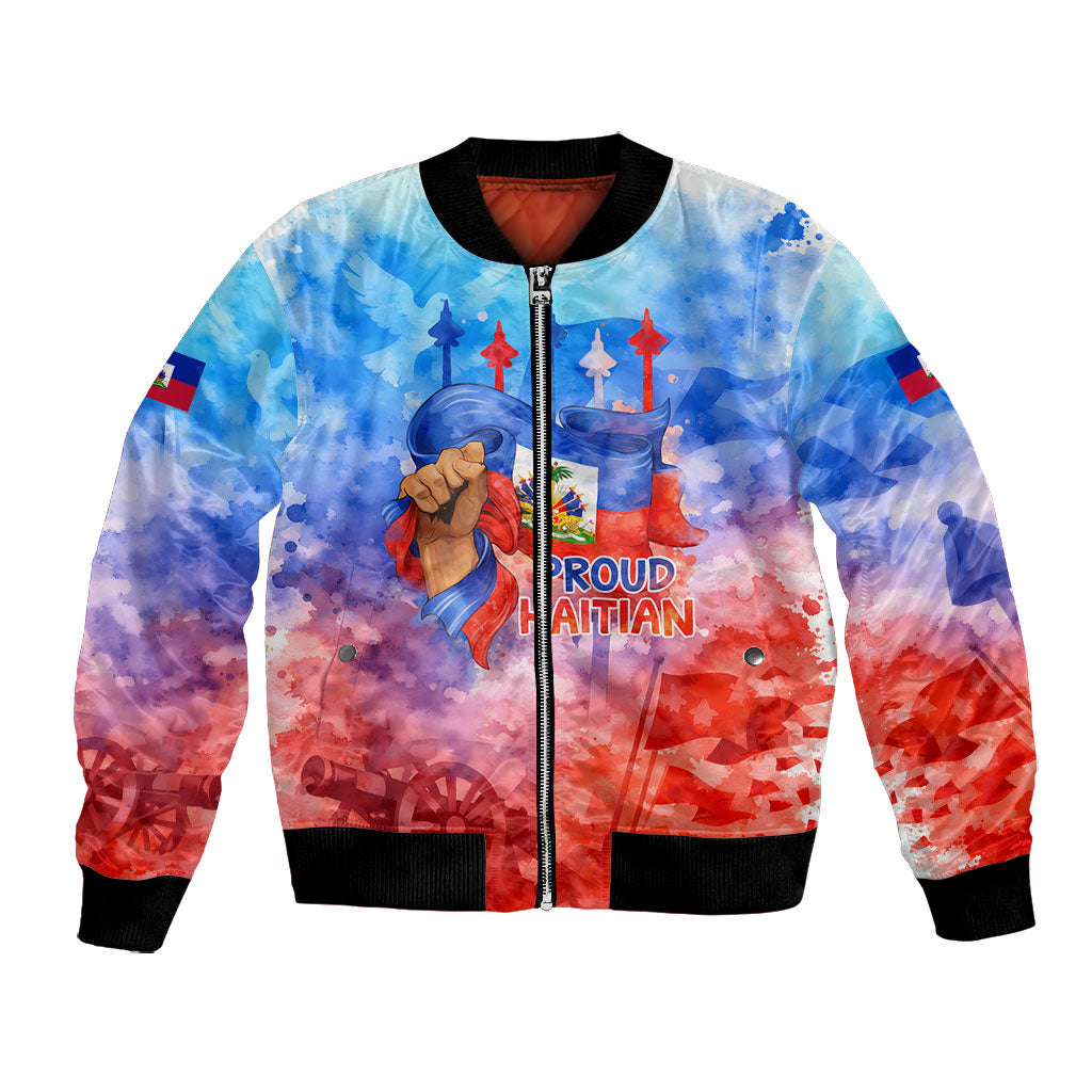 Proud Haitian Flag Day L Union Fait La Force Bomber Jacket Artistic Watercolor Heritage Design With Raised Fist And Flag
