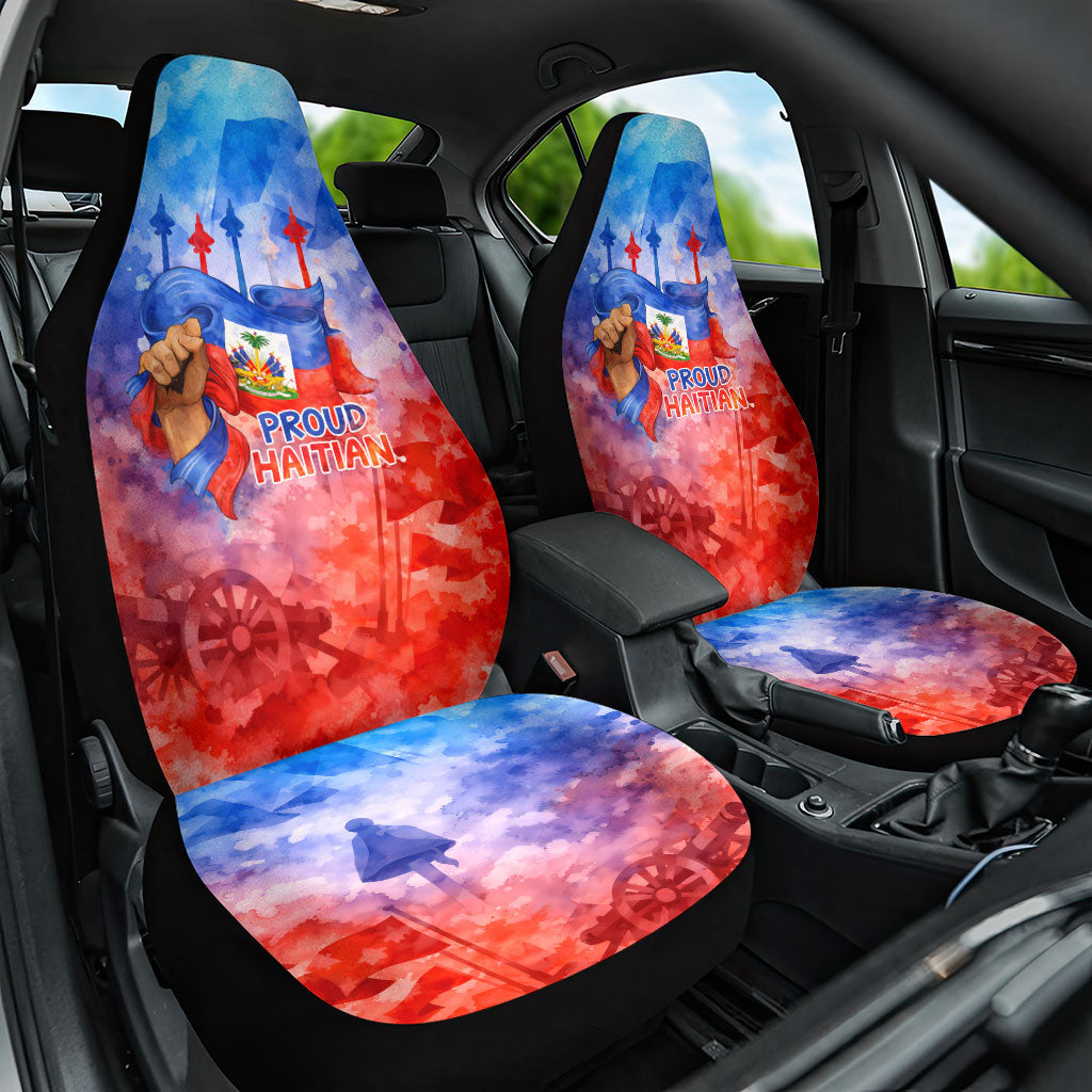 Proud Haitian Flag Day L Union Fait La Force Car Seat Cover Artistic Watercolor Heritage Design With Raised Fist And Flag