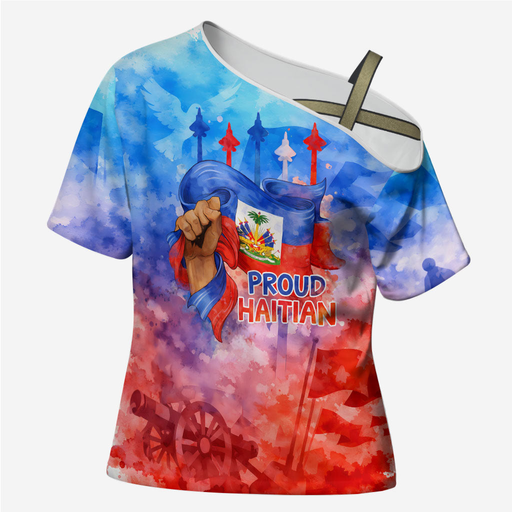 Proud Haitian Flag Day L Union Fait La Force Cross Shoulder Shirt Artistic Watercolor Heritage Design With Raised Fist And Flag