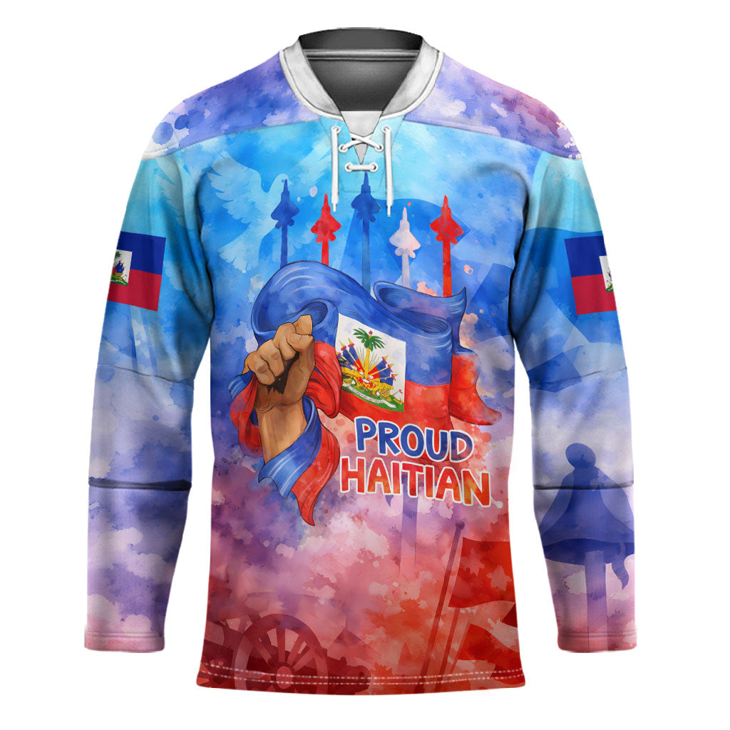 Proud Haitian Flag Day L Union Fait La Force Hockey Jersey Artistic Watercolor Heritage Design With Raised Fist And Flag