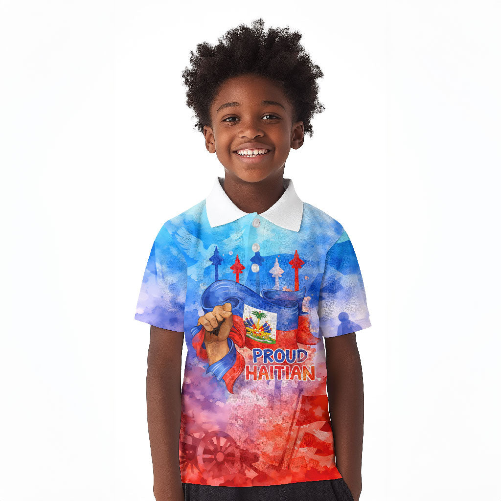 Proud Haitian Flag Day L Union Fait La Force Kid Polo Shirt Artistic Watercolor Heritage Design With Raised Fist And Flag