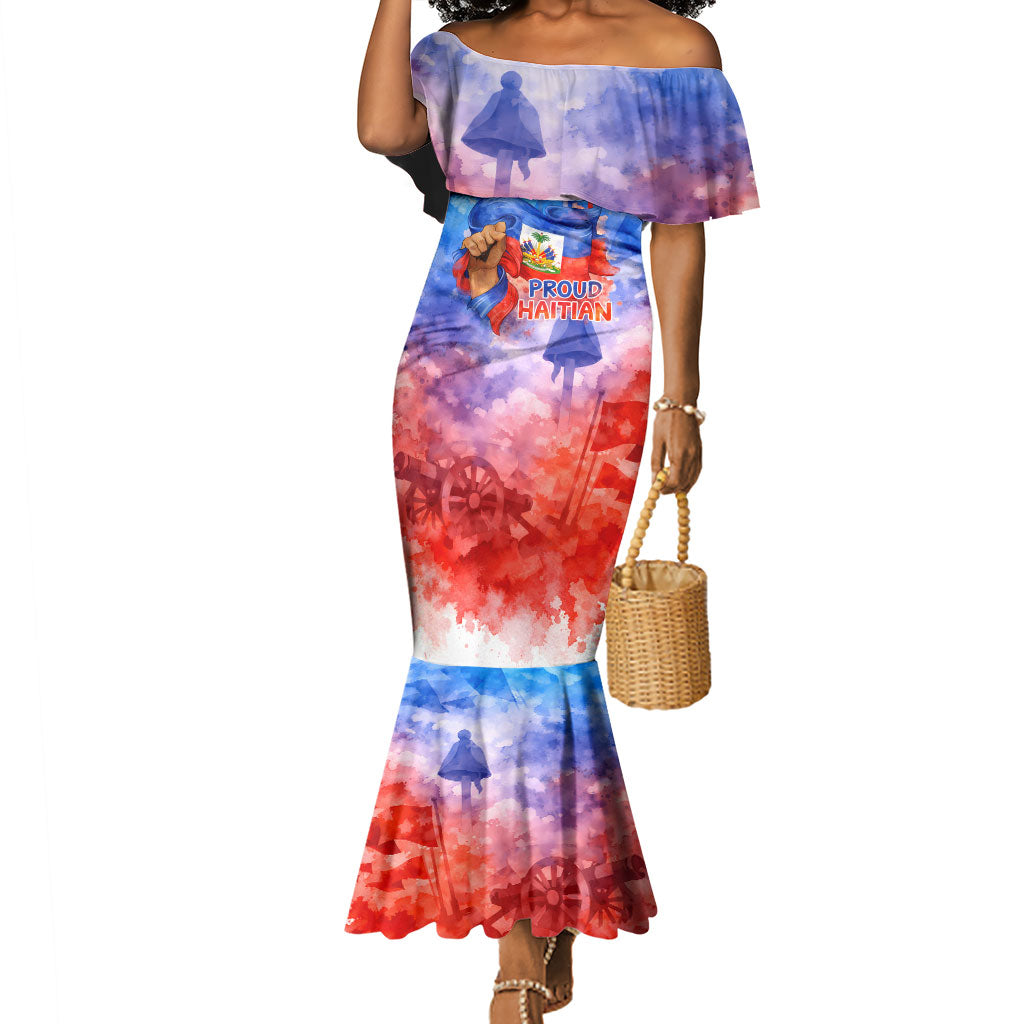 Proud Haitian Flag Day L Union Fait La Force Mermaid Dress Artistic Watercolor Heritage Design With Raised Fist And Flag