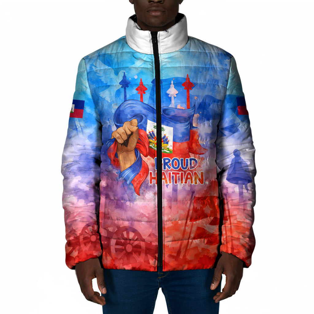 Proud Haitian Flag Day L Union Fait La Force Padded Jacket Artistic Watercolor Heritage Design With Raised Fist And Flag