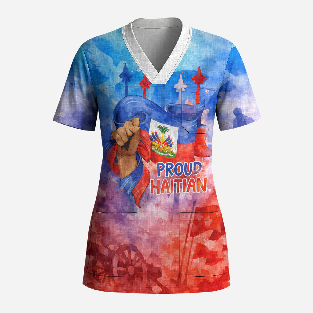 Proud Haitian Flag Day L Union Fait La Force Scrub Top Artistic Watercolor Heritage Design With Raised Fist And Flag