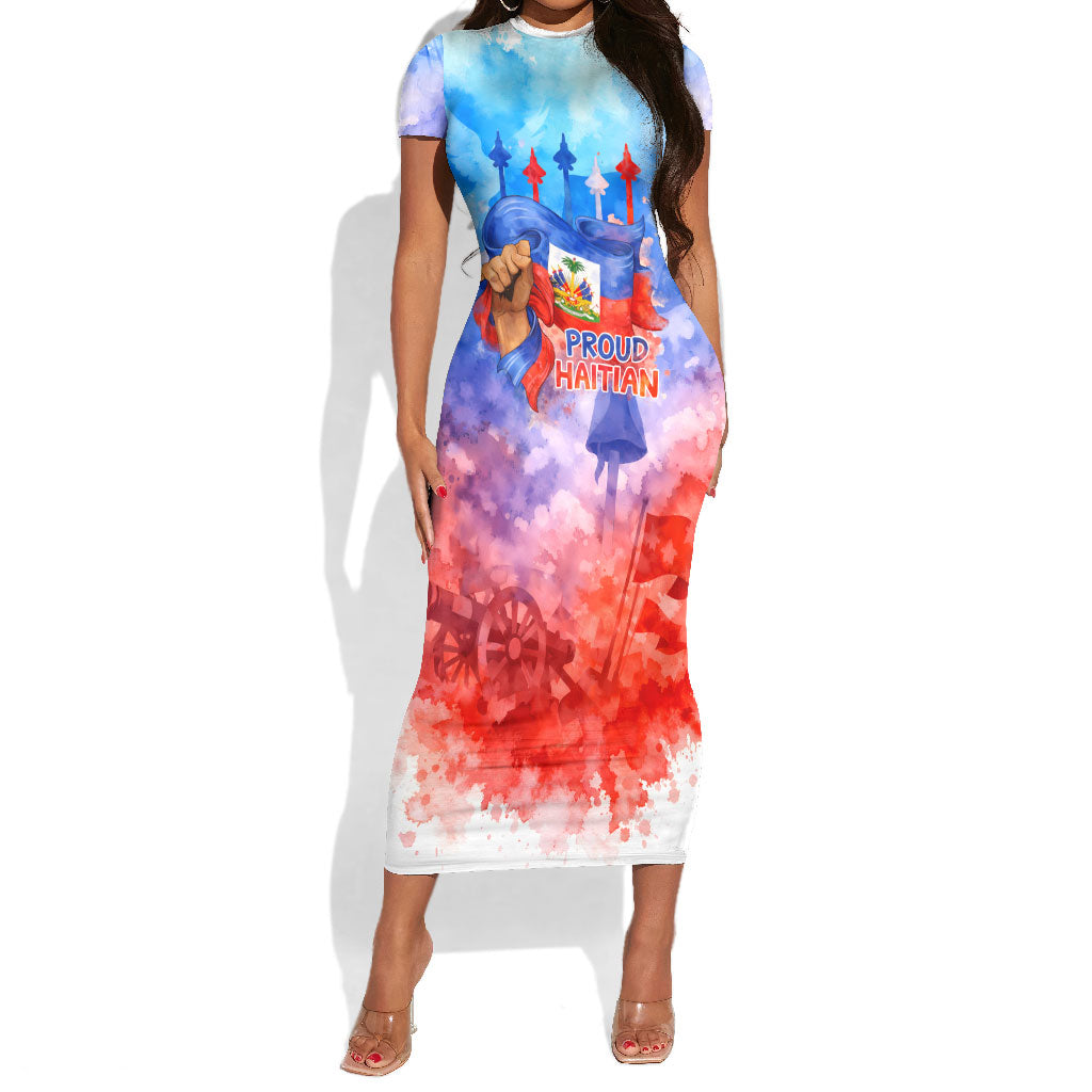 Proud Haitian Flag Day L Union Fait La Force Short Sleeve Bodycon Dress Artistic Watercolor Heritage Design With Raised Fist And Flag
