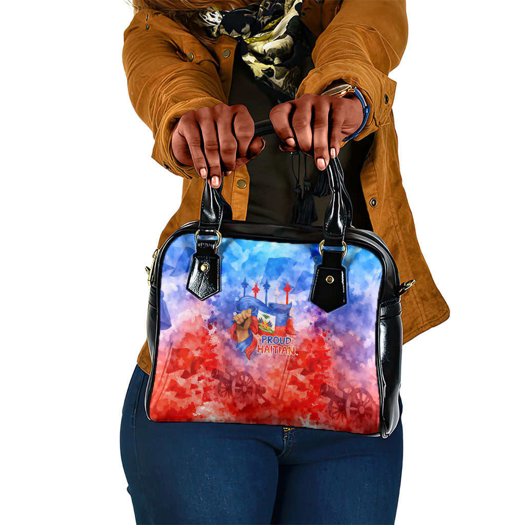 Proud Haitian Flag Day L Union Fait La Force Shoulder Handbag Artistic Watercolor Heritage Design With Raised Fist And Flag