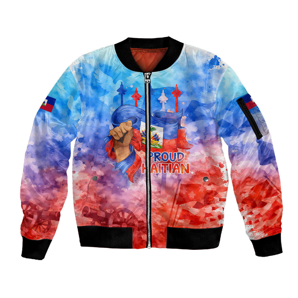 Proud Haitian Flag Day L Union Fait La Force Sleeve Zip Bomber Jacket Artistic Watercolor Heritage Design With Raised Fist And Flag