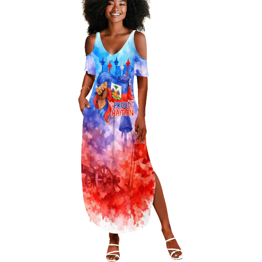 Proud Haitian Flag Day L Union Fait La Force Summer Maxi Dress Artistic Watercolor Heritage Design With Raised Fist And Flag