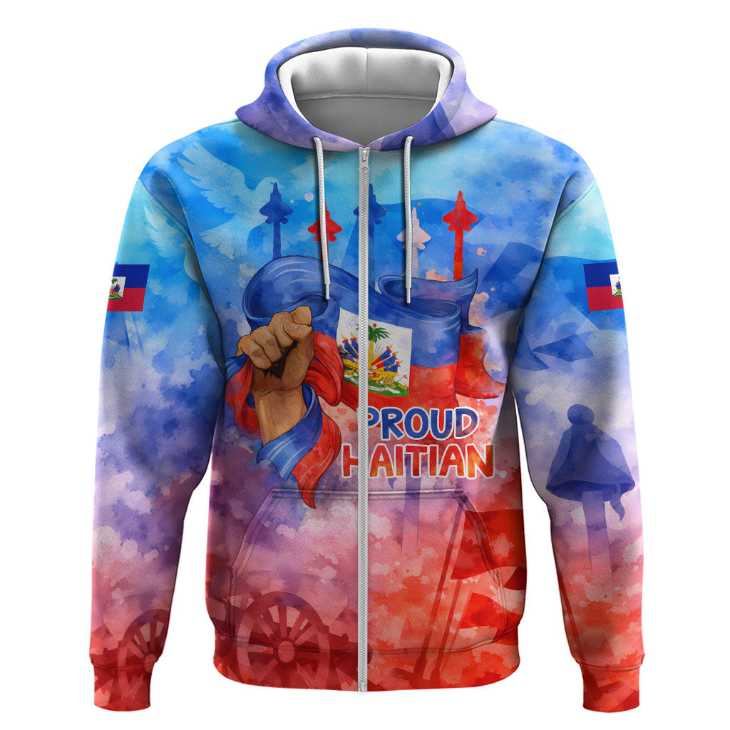 Proud Haitian Flag Day L Union Fait La Force Zip Hoodie Artistic Watercolor Heritage Design With Raised Fist And Flag