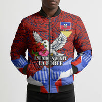 Haiti Flag Day Soul Of The Free L Union Fait La Force Bomber Puffer Jacket Peace Dove And Power Fist Art With Hibiscus And Broken Chains