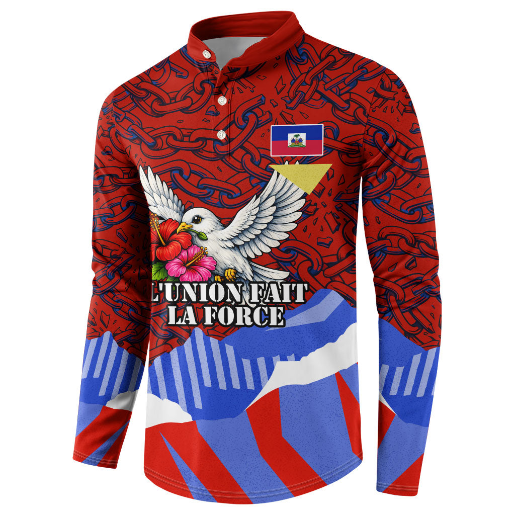 Haiti Flag Day Soul Of The Free L Union Fait La Force Button Sweatshirt Peace Dove And Power Fist Art With Hibiscus And Broken Chains