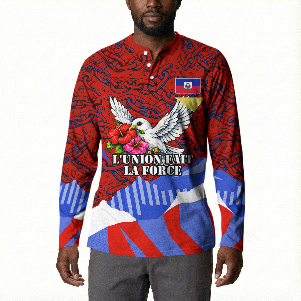 Haiti Flag Day Soul Of The Free L Union Fait La Force Button Sweatshirt Peace Dove And Power Fist Art With Hibiscus And Broken Chains