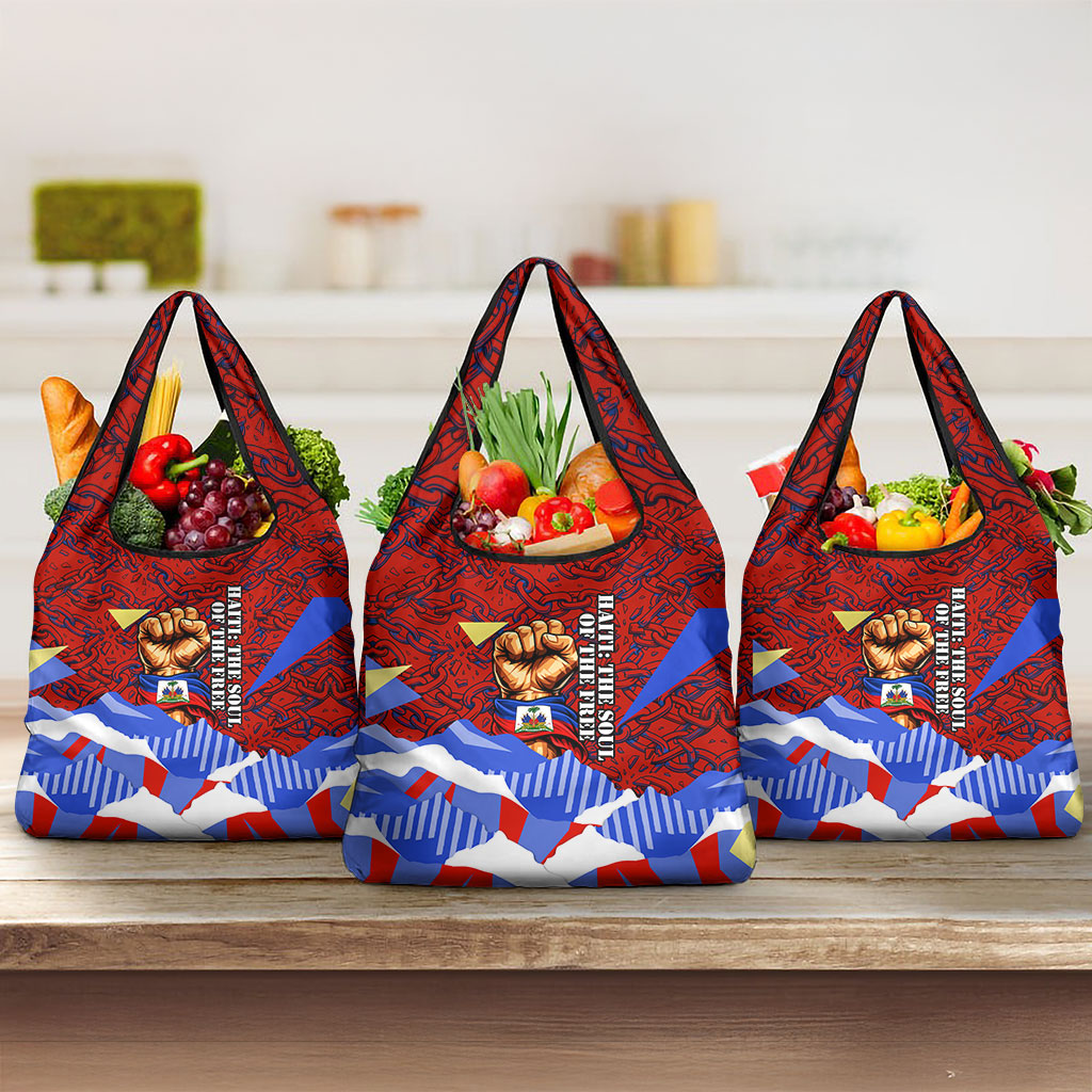 Haiti Flag Day Soul Of The Free L Union Fait La Force Grocery Bag Peace Dove And Power Fist Art With Hibiscus And Broken Chains
