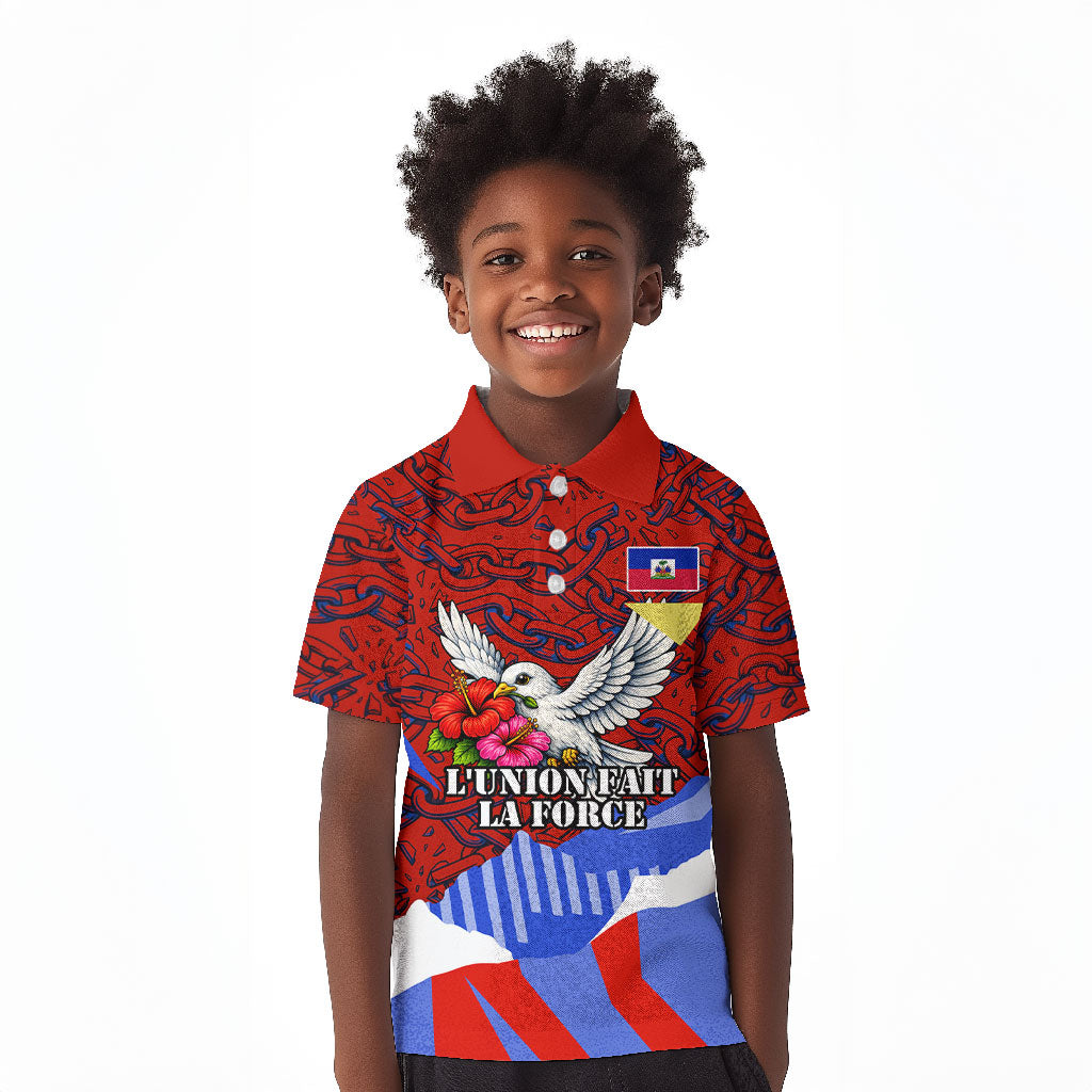 Haiti Flag Day Soul Of The Free L Union Fait La Force Kid Polo Shirt Peace Dove And Power Fist Art With Hibiscus And Broken Chains